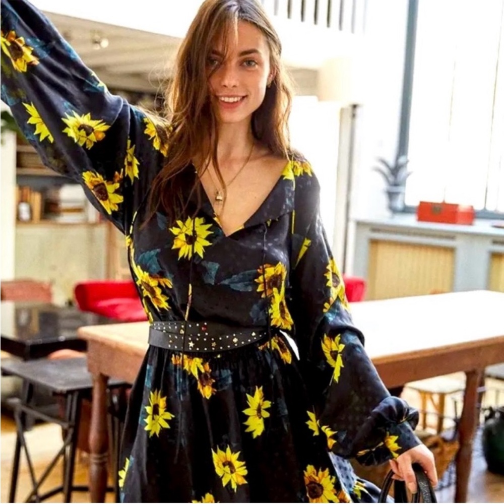The Kooples Black and Yellow Bishop Sleeve Sundress